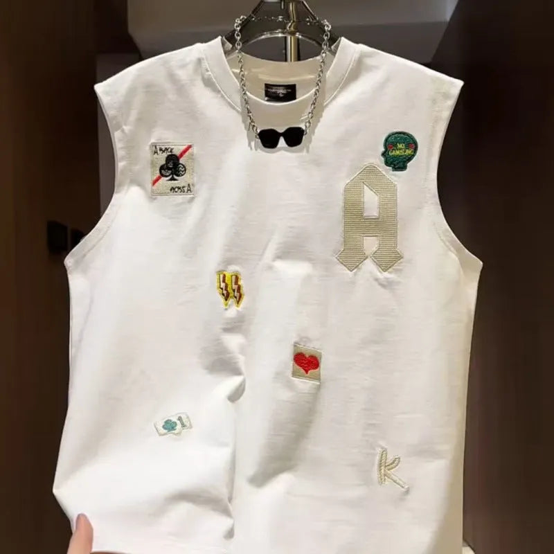 Men's white cotton sleeveless vest T-shirt with cartoon print design, loose fit