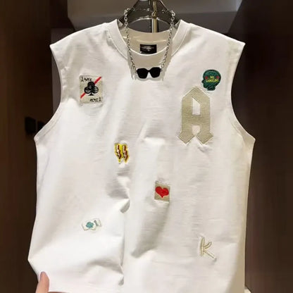 Men's white cotton sleeveless vest T-shirt with cartoon print design, loose fit