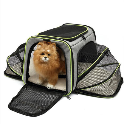 Black and grey portable cat carrier bag with 600D cation fabric construction.