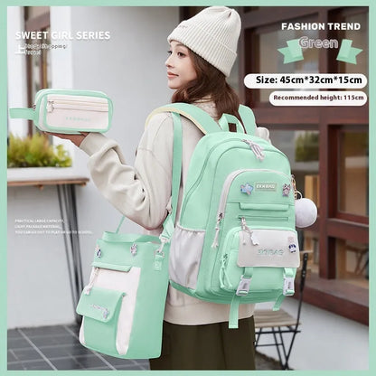 Pink waterproof Oxford cloth school backpack for girls with curved straps on a bookshelf.
