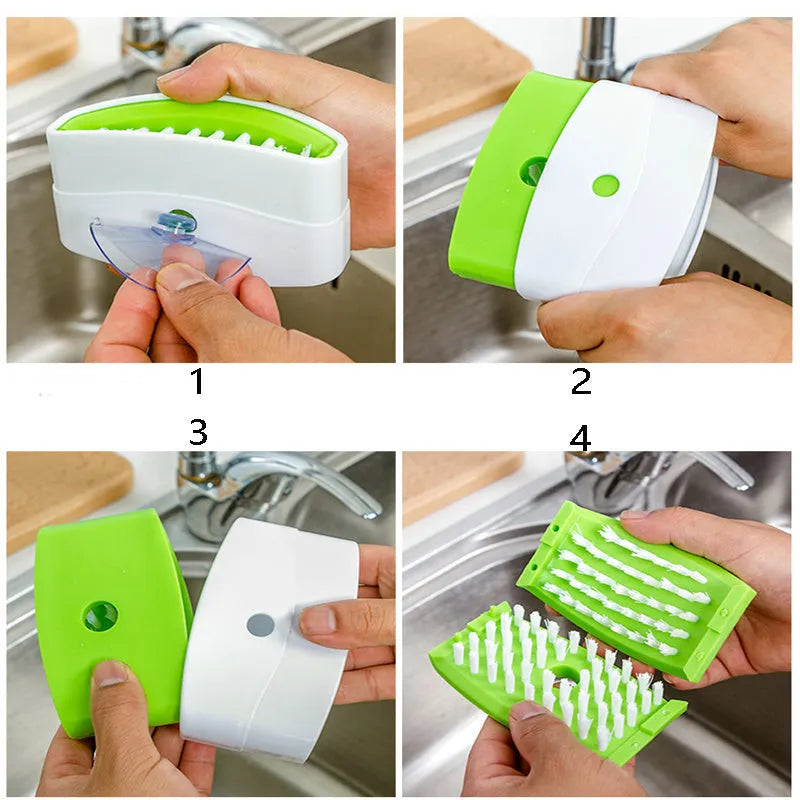 Blue multi-purpose kitchen brush with suction cup for cleaning utensils and vegetables