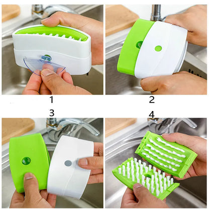 Blue multi-purpose kitchen brush with suction cup for cleaning utensils and vegetables