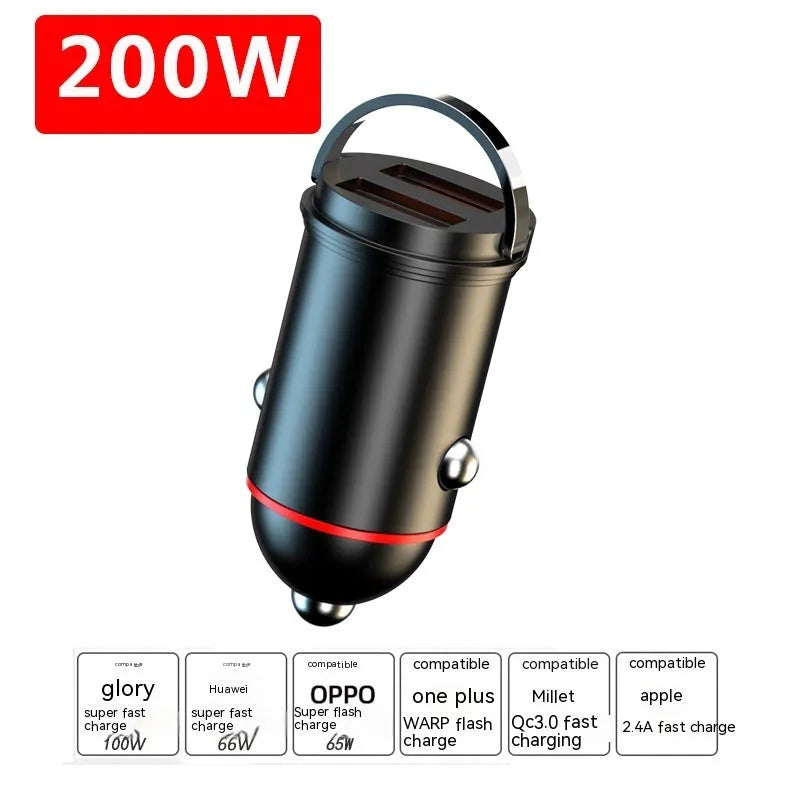 Black 200W car charger with zinc alloy housing and USB port for vehicle charging