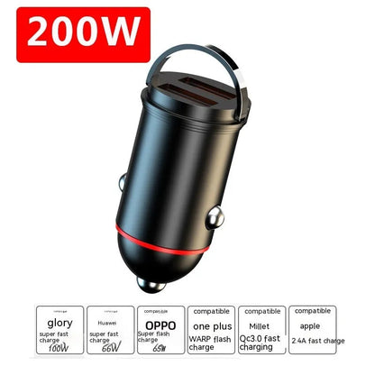 Black 200W car charger with zinc alloy housing and USB port for vehicle charging