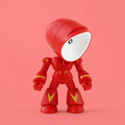 Mini mecha robot hero LED night light with adjustable arms on a desk.