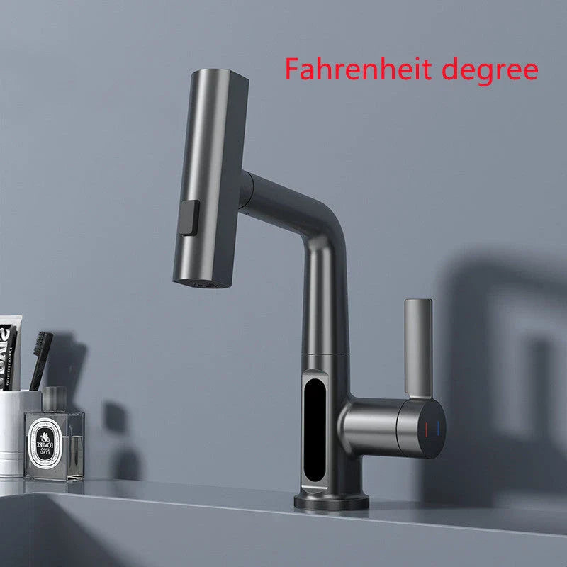 Sleek digital faucet with temperature display, 360° rotation, and pull-out hose for modern kitchen and bathroom needs