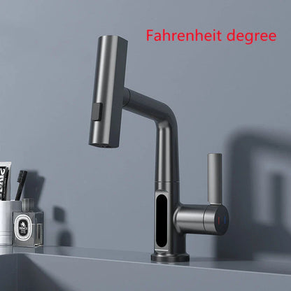 Sleek digital faucet with temperature display, 360° rotation, and pull-out hose for modern kitchen and bathroom needs