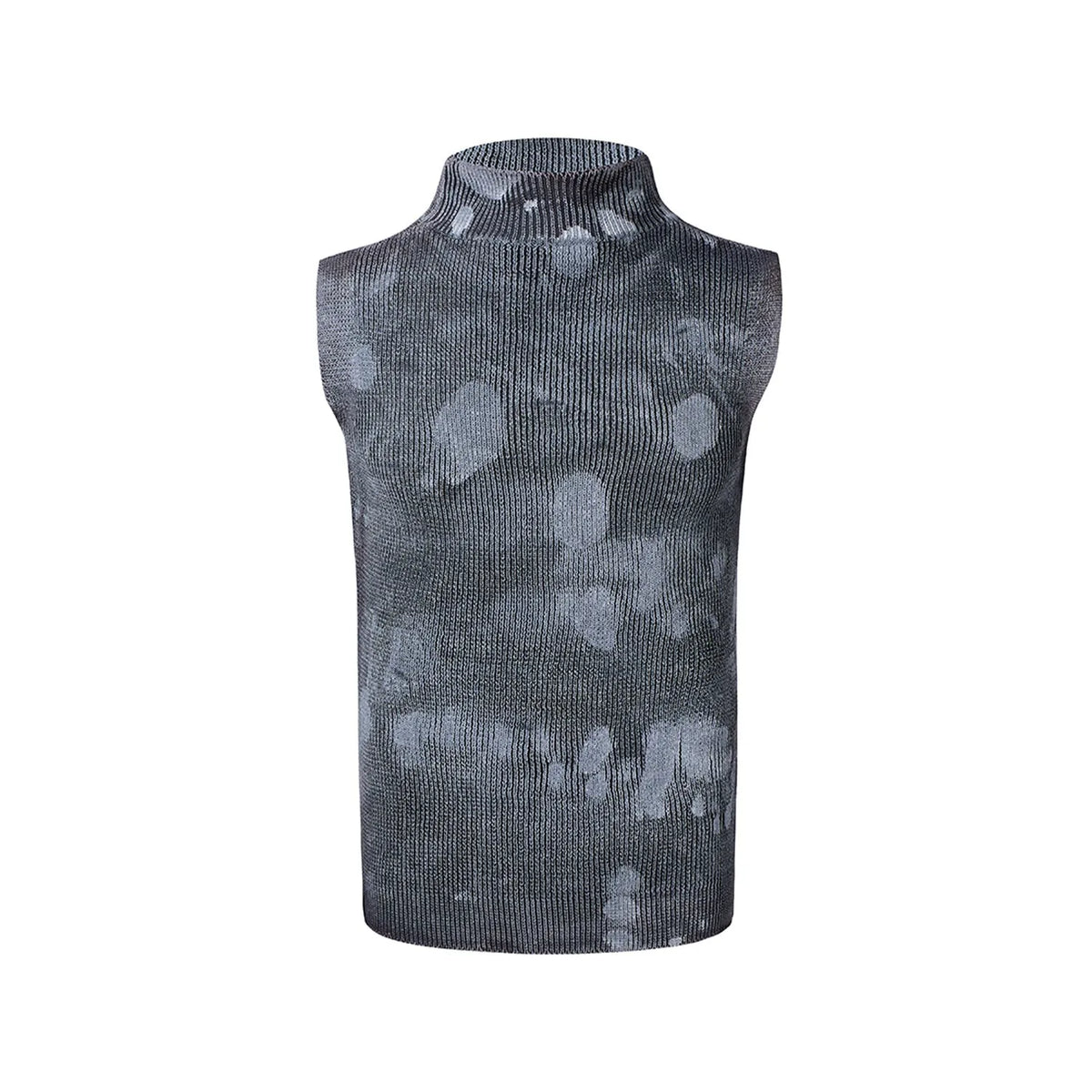 Men's black silver pastebrushing sleeveless t-shirt with stand collar and wool vest styling