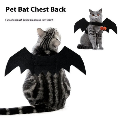 Black felt Halloween pet costume with bat wings and a bell for a dog on a orange background