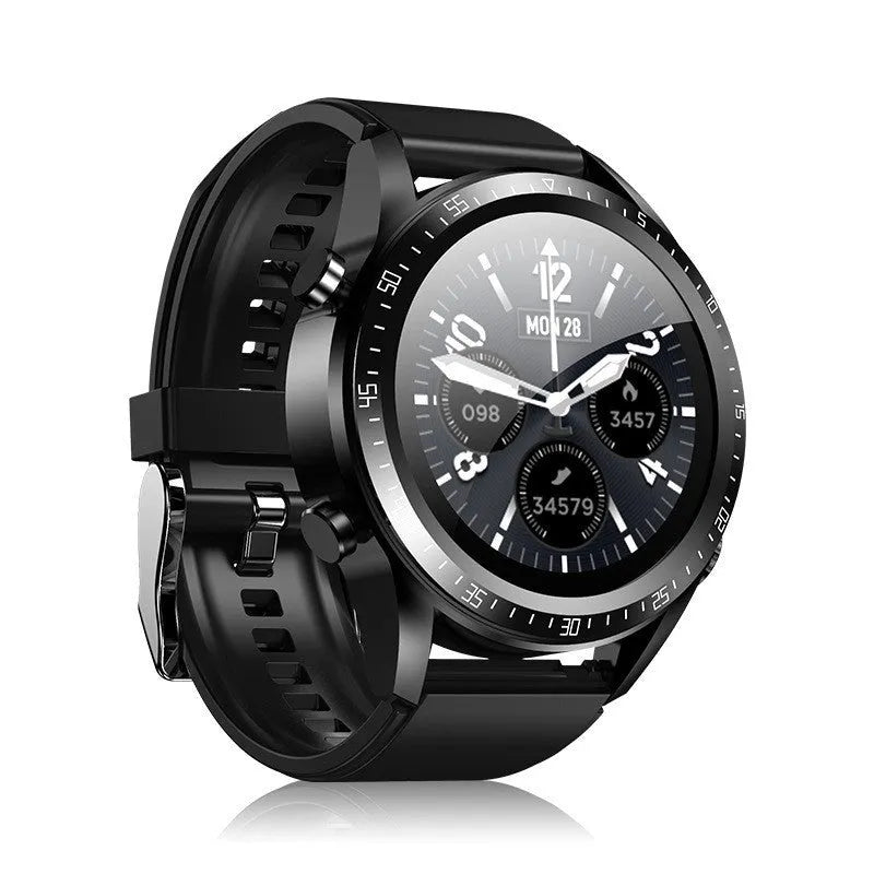 Black smart watch with health monitoring on a silicone strap, showing a blood pressure reading on its 1.28-inch screen.