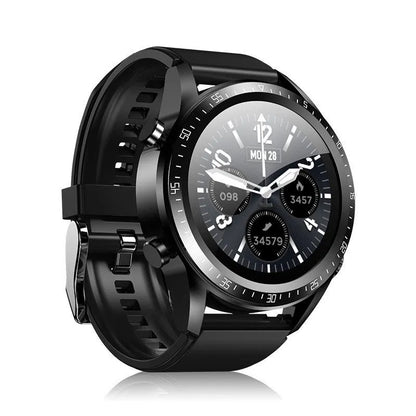 Black smart watch with health monitoring on a silicone strap, showing a blood pressure reading on its 1.28-inch screen.