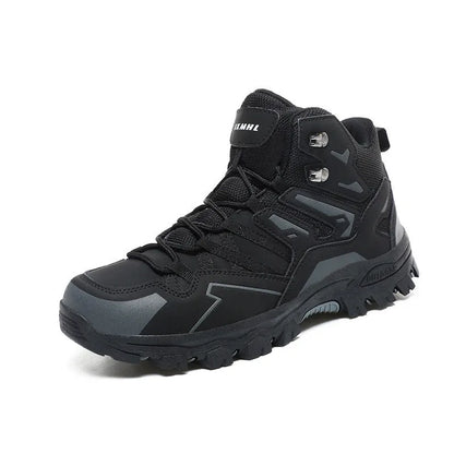 High-top hiking shoes in flannel with natural rubber sole, shown in colour options for outdoor wear.