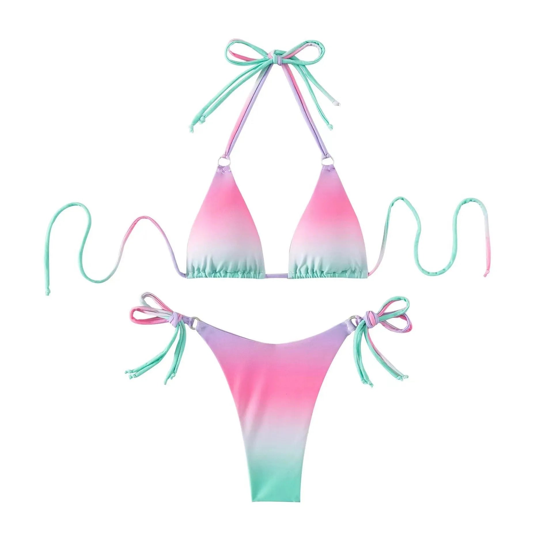 Women's gradient colour bikini swimwear set with separated top and bottom on a mannequin