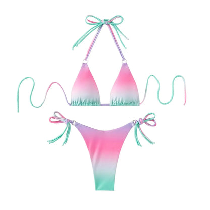 Women's gradient colour bikini swimwear set with separated top and bottom on a mannequin