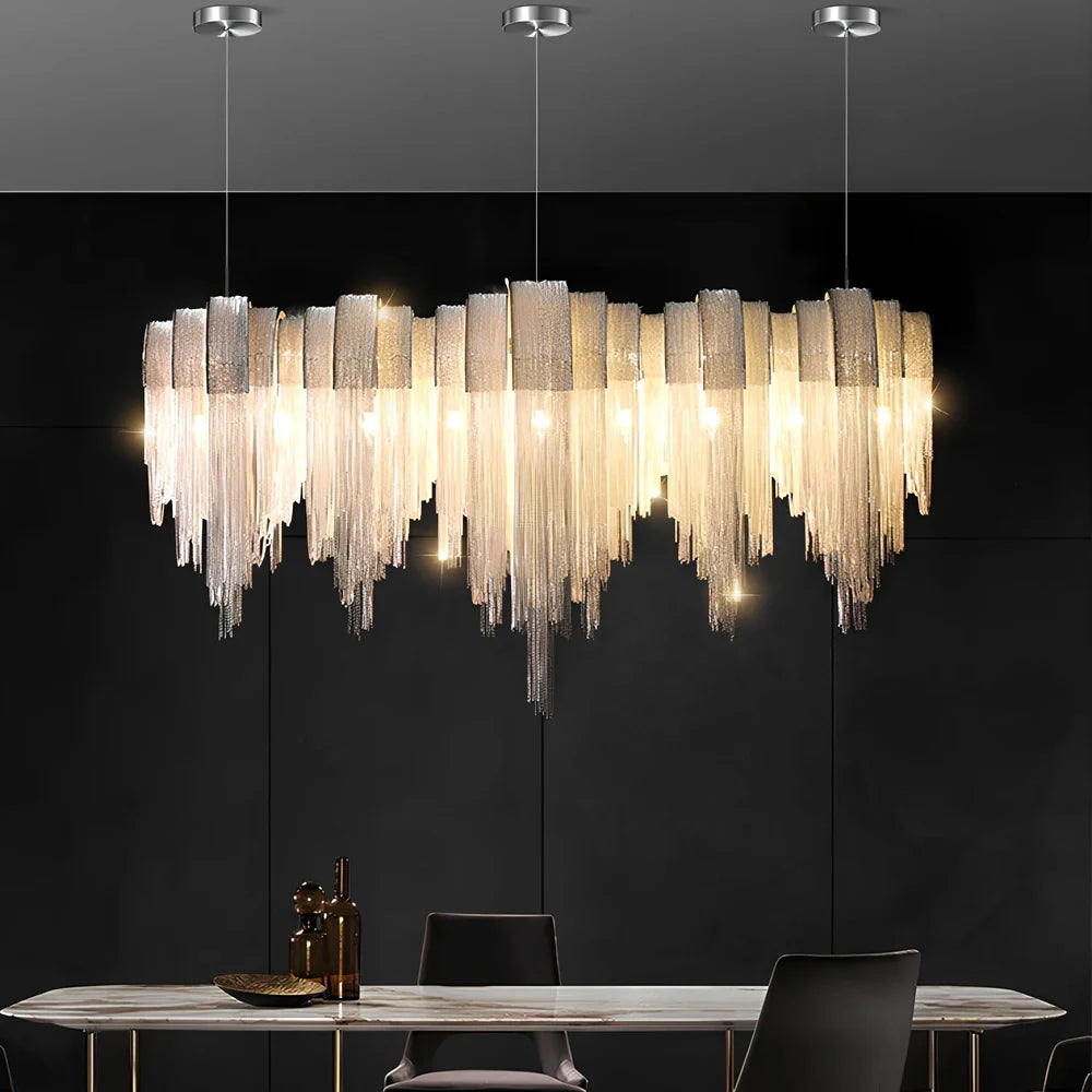 Silver Nordic tassel aluminium chain chandelier, 110cm diameter with 130cm adjustable wire and 5000K LED for living room lighting