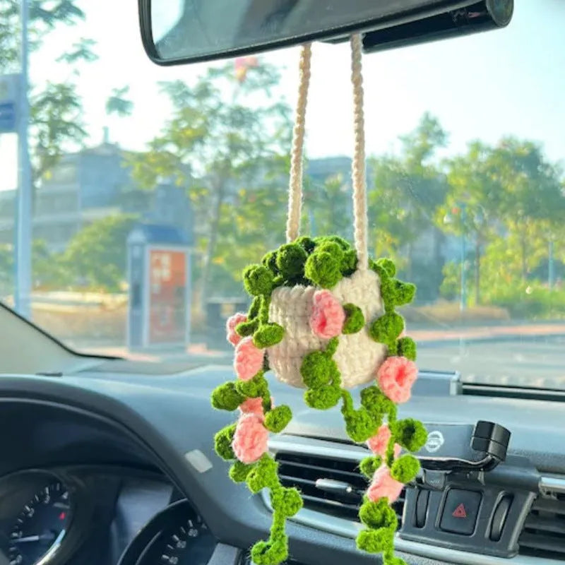 Green and white fishing style car plant decoration with 8cm base and 25cm hanging rope