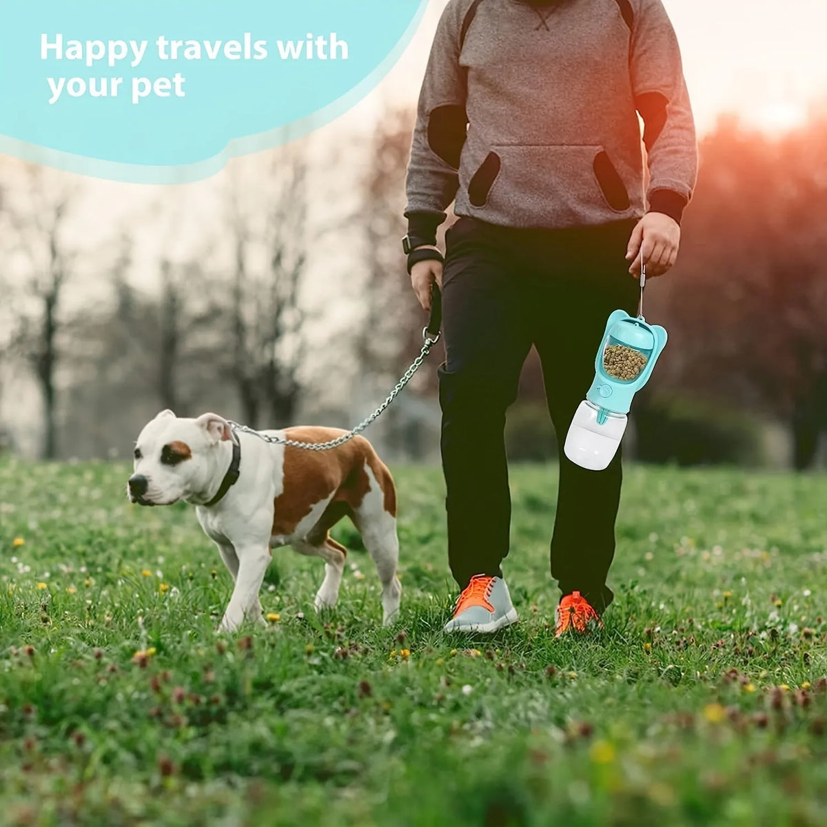 2 in 1 dog water bottle with food container in green, pink or white, 350ml or 550ml, leak proof portable pet dispenser