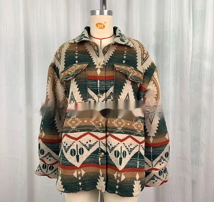 Retro style women's jacket with Aztec print in woolen coat construction, shown in loose fit with long sleeves