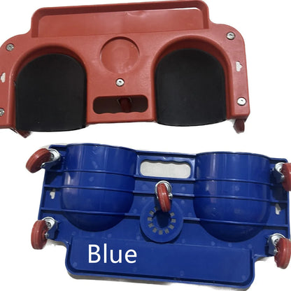 Plastic car repair knee board with universal wheel, shown in blue or red, for household kneeling tasks