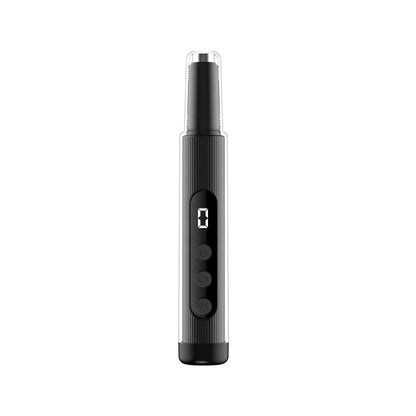 Blush pink electric nail grinder with LED light and six attachment heads on white background