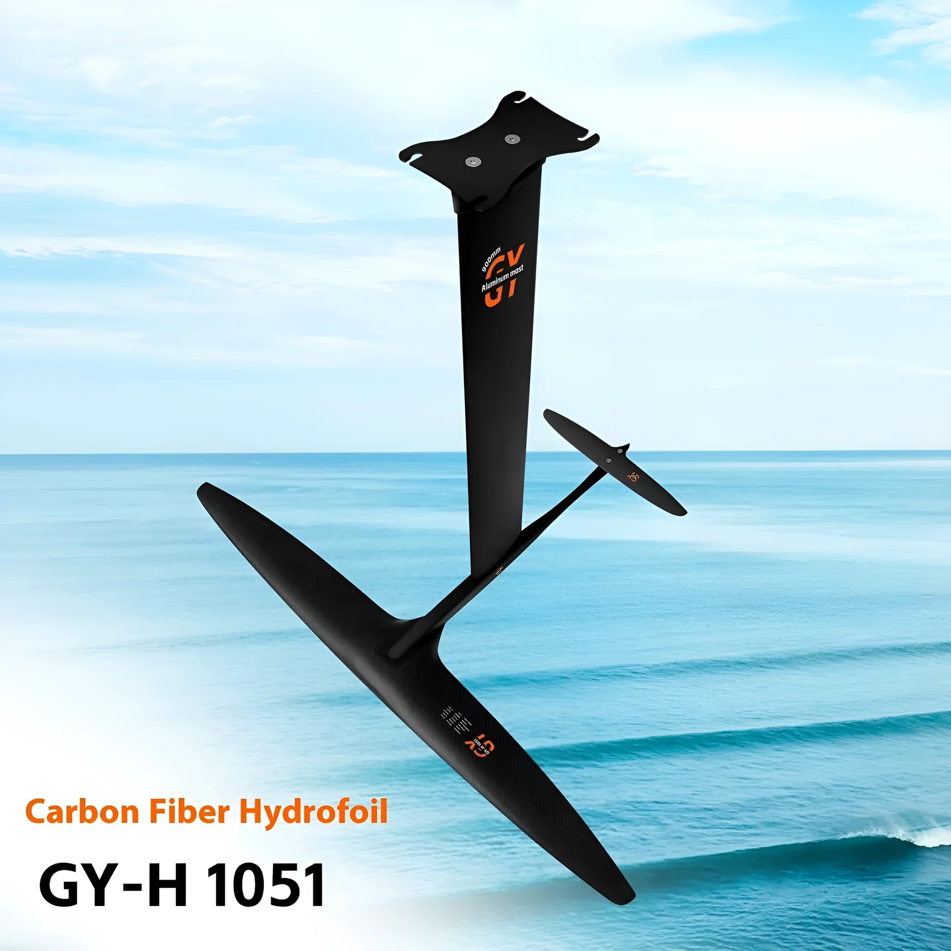 Black carbon fibre and aluminium racing hydrofoil for surfboards with large front wing.
