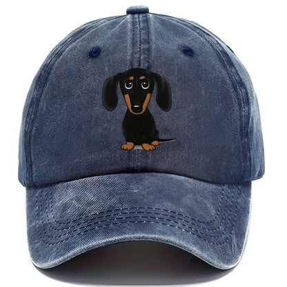 Retro washed cotton baseball cap with an embroidered Dachshund dog print on the front.