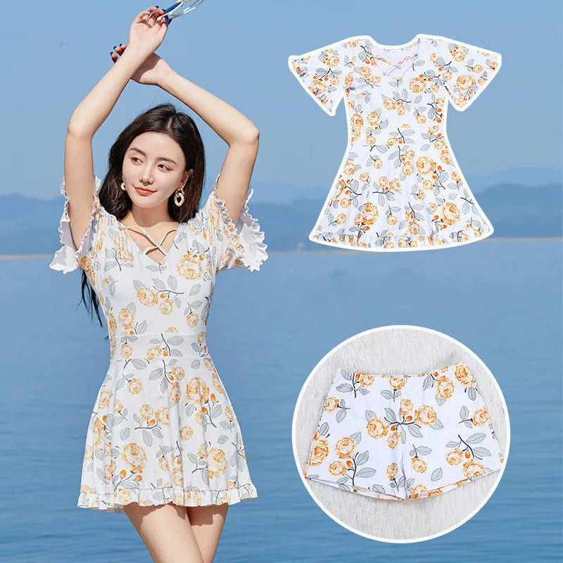 Women's blue floral print high waist one-piece swimsuit for swimming