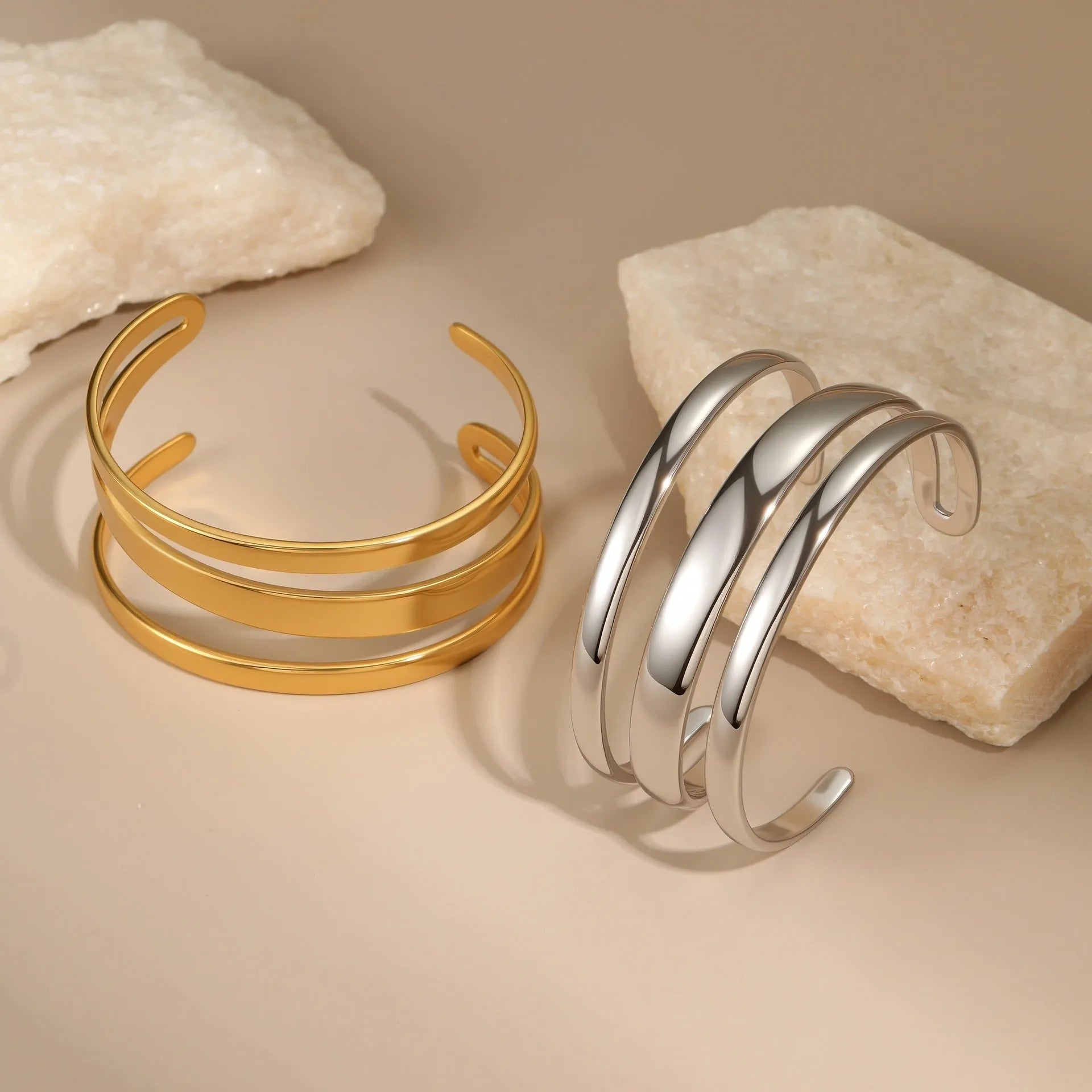 Geometric stainless steel bracelet with simple opening design and 18K gold electroplating