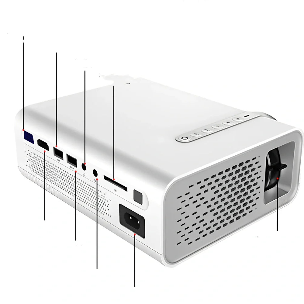 White portable home projector with remote control displaying 1024*600 resolution image