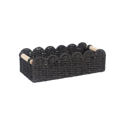 Woven paper storage basket in khaki colour, dimensions 35.5x16x10cm, on a desktop with remote controls and stationery