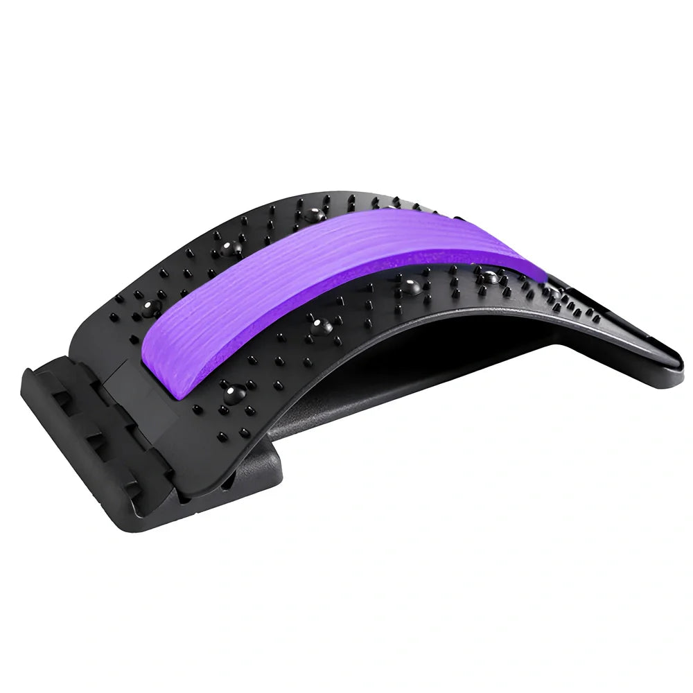 Black back massager with magnetic acupuncture points and adjustable stretch settings on grey background