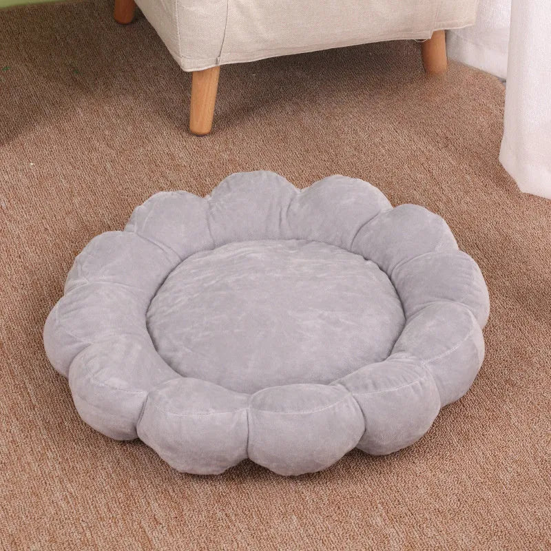 Blue, grey, pink, and yellow 50cm square plush pet bed with half-surrounded petal design.