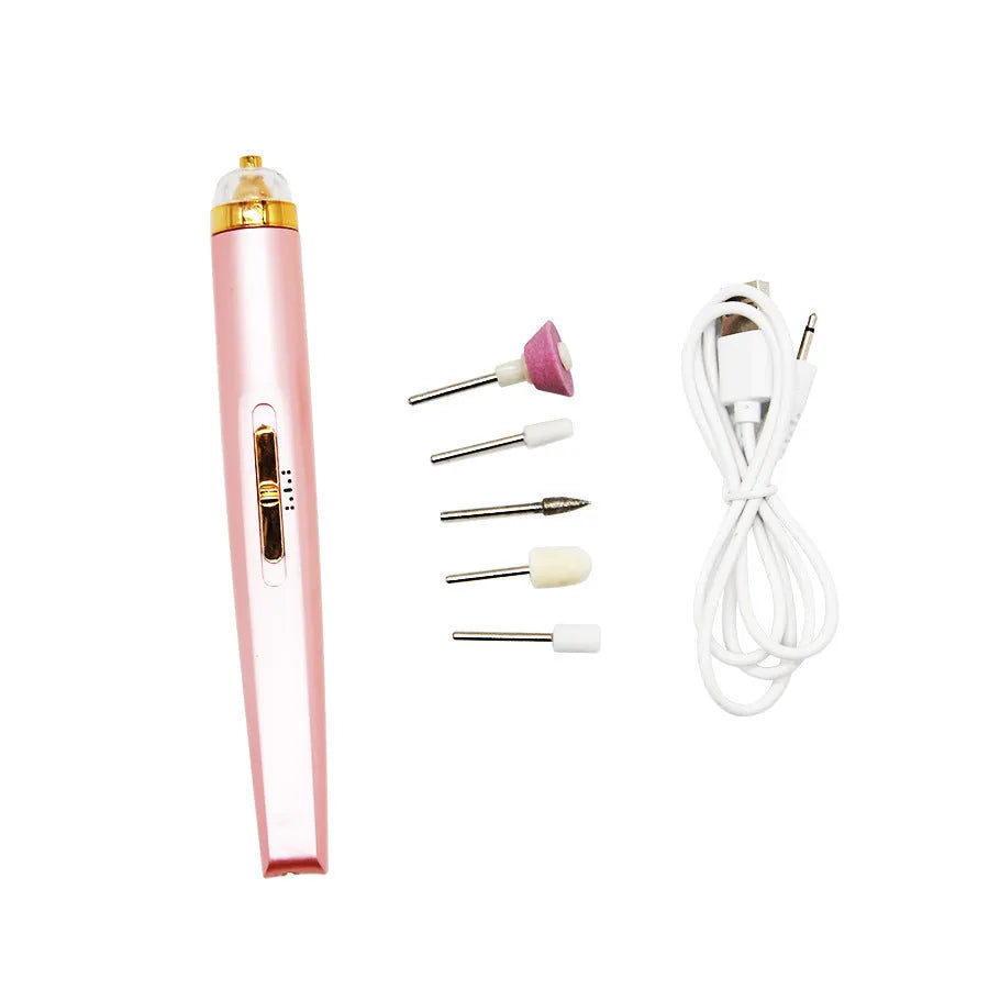Cordless electric nail drill polisher set with USB charging cable and five grinding heads in white, red, pink colours