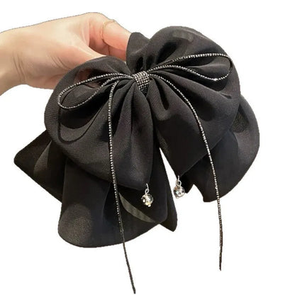 Korean style black chiffon bow claw hair clip with diamond tassel decorative elements