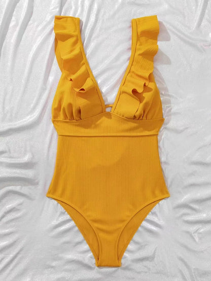 Women's black one-piece swimsuit with ruffled shoulder straps and lace back detail.