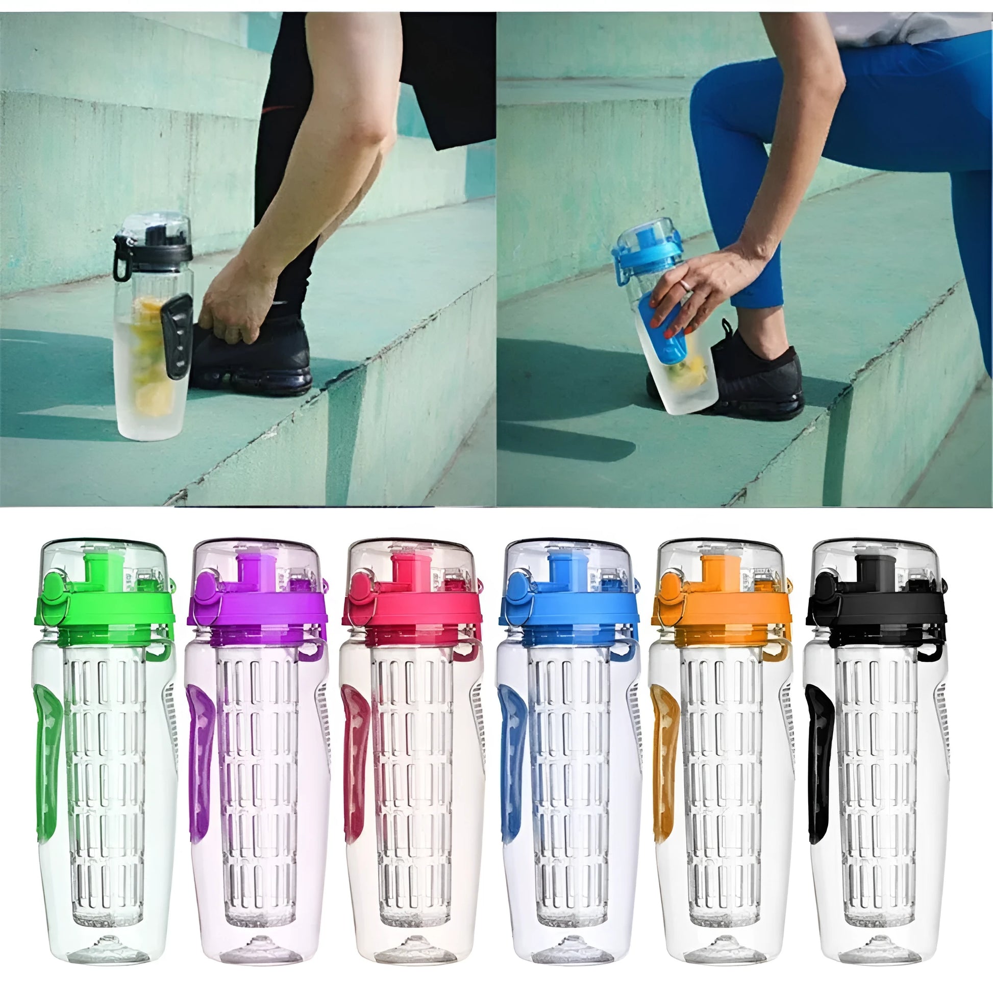 32oz clear Tritan plastic fruit infuser water bottle with a separate fruit cup and leakproof lid.