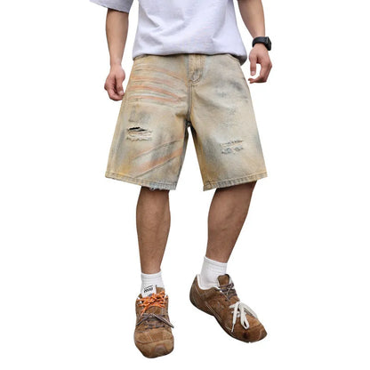 Men's light blue denim shorts with distressed finish and straight-leg silhouette