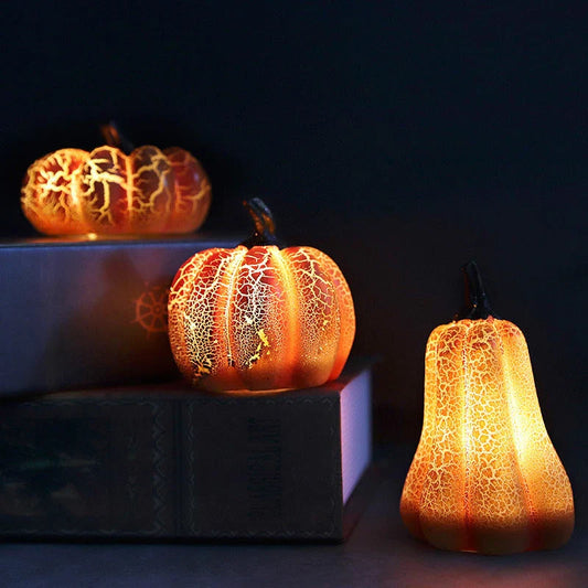 A realistic-looking LED pumpkin lantern with intricate cracks and textures, creating a mesmerizing Halloween decoration.