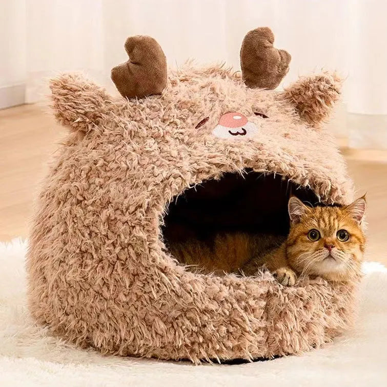 Semi-enclosed yurt-style cat litter kennel tent with plush fleece lining and animal print cover