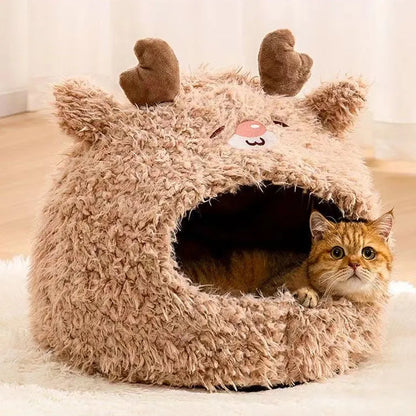 Semi-enclosed yurt-style cat litter kennel tent with plush fleece lining and animal print cover