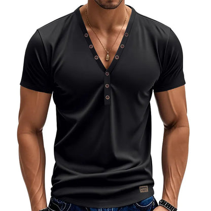 Men's loose V-neck pullover with button detail in a solid colour.