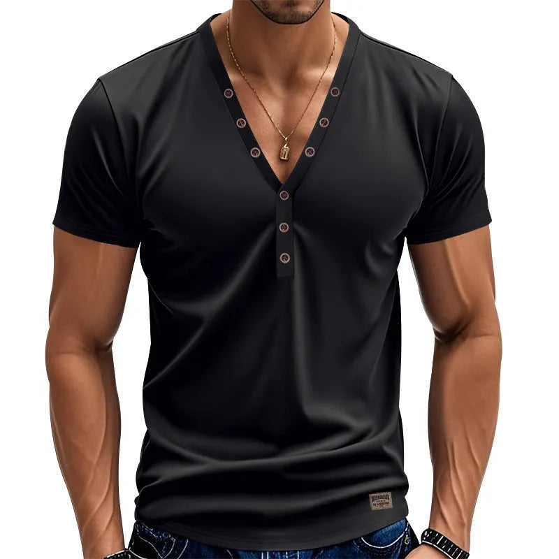 Men's loose V-neck pullover with button design in thin chemical fibre blend fabric, ideal for sports, available in solid colours like white, black, brown, light blue, and iron grey, with size options from S to XXXL.