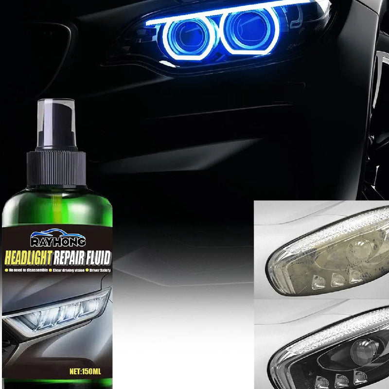 Car lamp repairing liquid restores yellowed headlight lenses with nano titanium oxide formula, 150ml bottle includes silicone oil and resin for coating application to refurbish plastic polycarbonate headlamp covers.