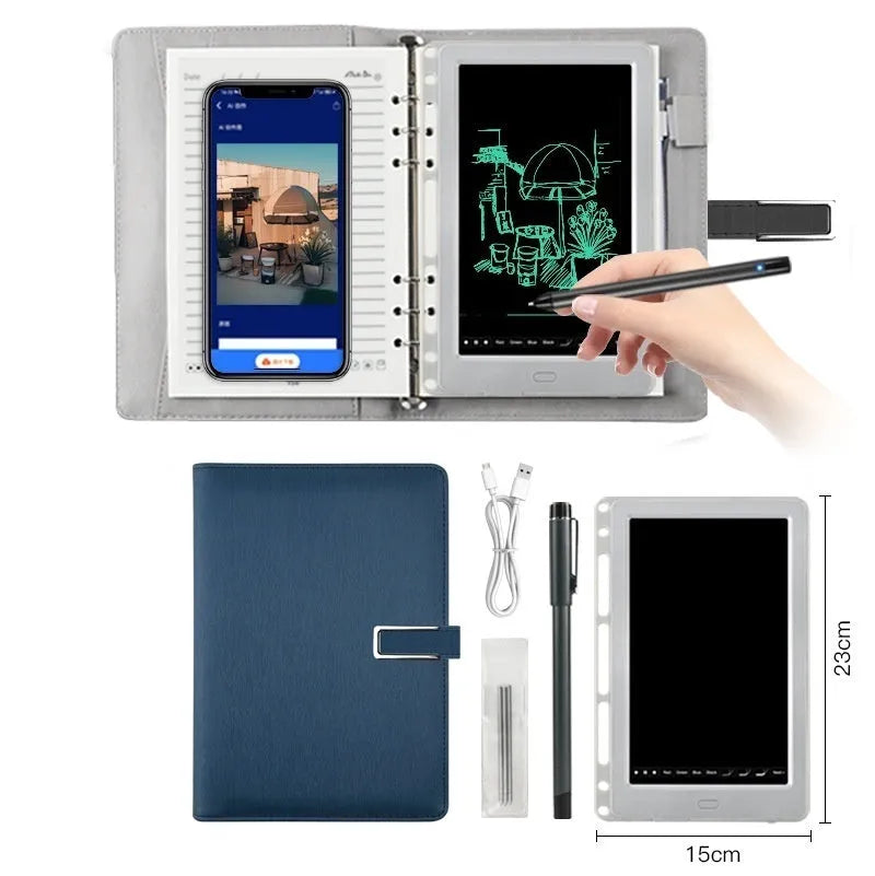 85-inch electronic writing pad with stitching detail in dark blue, shown with smart pen and charging cable.