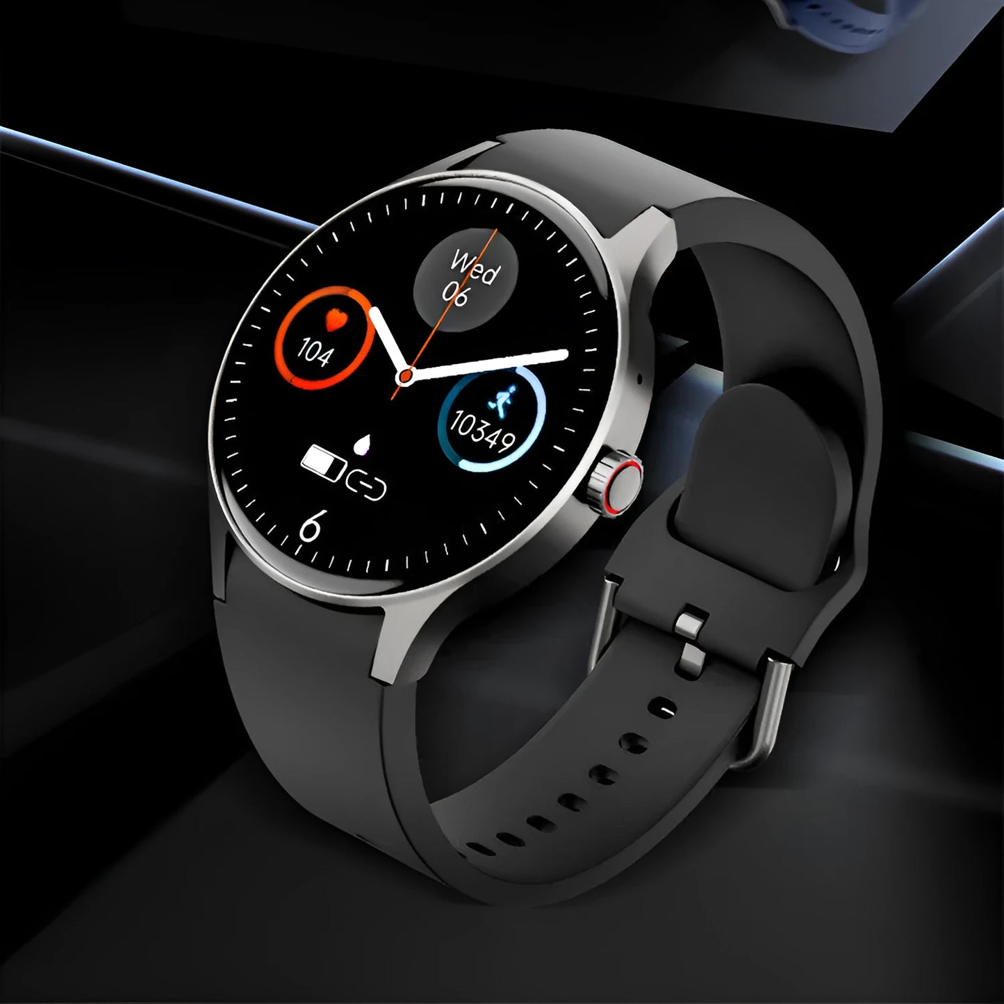 46mm smart Bluetooth sport watch with round colour touchscreen on wrist, shown in black, blue, pink, or red.