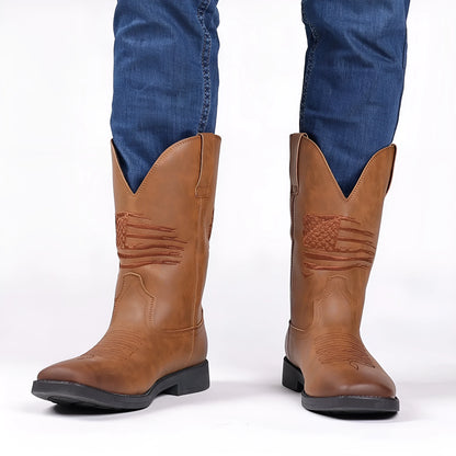 Men's brown retro wide square-toe cowboy boots with high shaft and horseshoe low heel on a white background.