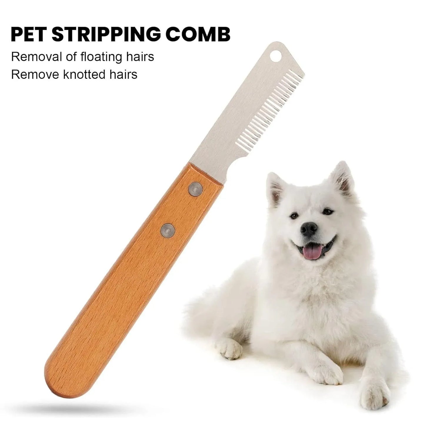Dog stripping comb grooming tool with wood handle and metal blade for removing hair.
