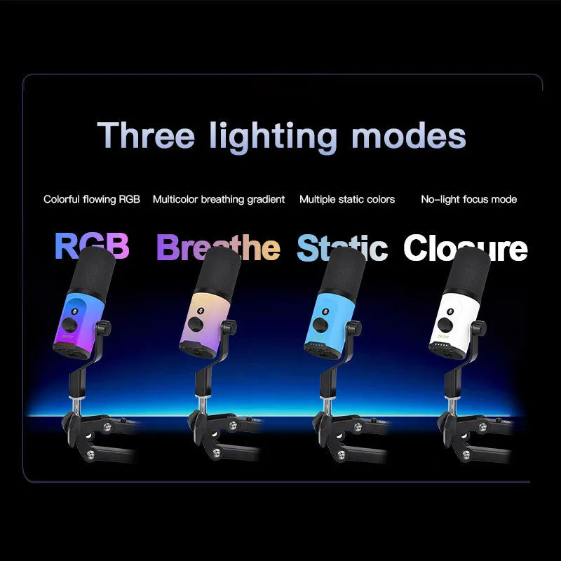 ZX777 moving coil microphone with USB and XLR connection, noise reduction, and ZX-777RGB bracket