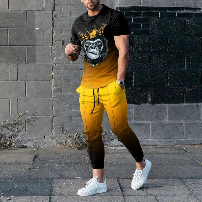 Men's printed short-sleeved pullover and trousers set in polyester blend fabric
