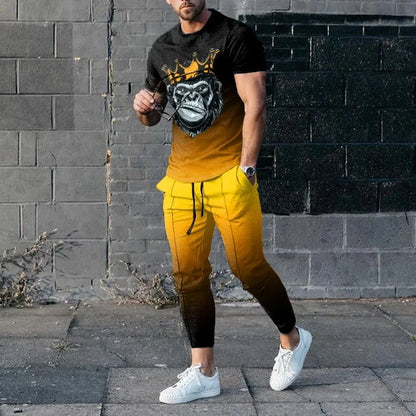 Men's printed short-sleeved pullover and trousers set in polyester blend fabric